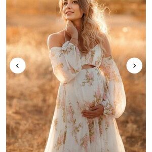 Boho Floral Maternity Maxi Dress with Long Sleeves - White/Pink